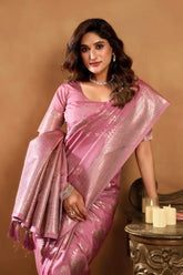 India Silk Pink Sarees Showcase A Rich Pallu Adorned With Intricate Zhallar Work Blending Traditional Craftsmanship